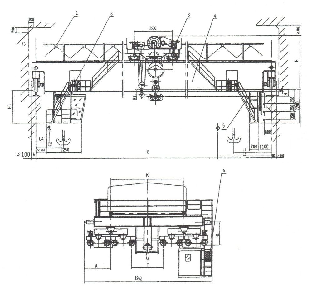 QD型吊钩桥式起重机外形尺寸图（125/32、160/50、200/50、250/50吨）